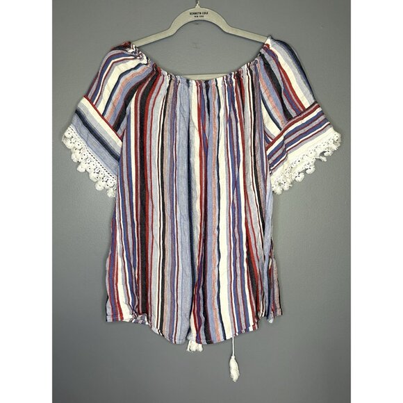 Florence Florencia Striped Boho 100% Linen Top Womens M Off Shoulder Tomato Girl - Picture 2 of 12